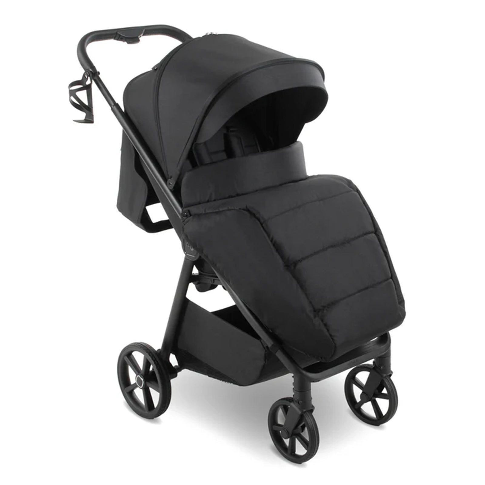 Black stroller with a quilted seat on a white background