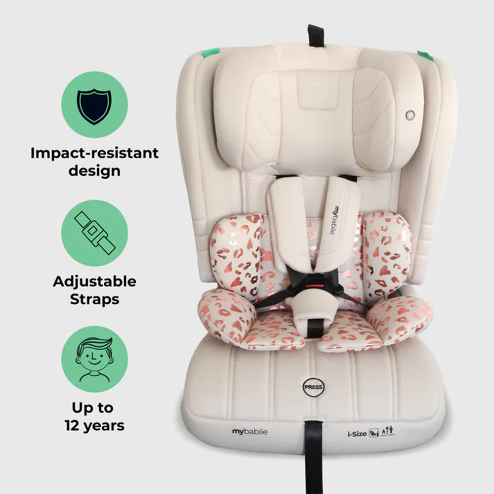 Baby car seat with features highlighted on a light gray background