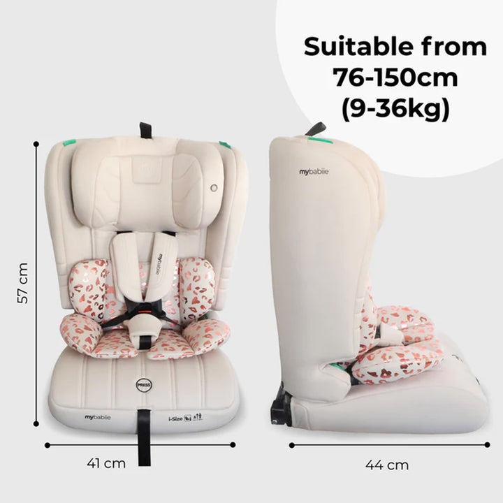 Children's car seat with floral patterns and measurements on a white background