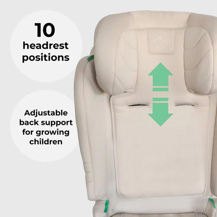 Beige car seat with adjustable headrest positions and back support for growing children.