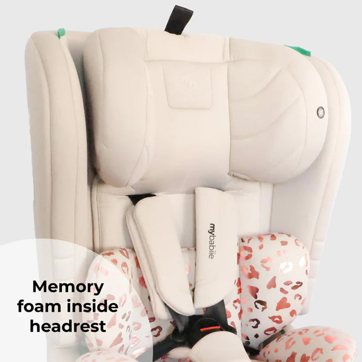 Children's car seat with leopard print patterns and 'my bubble' branding on a light gray background.
