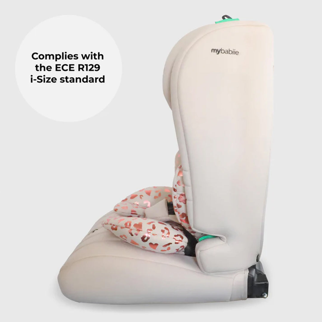 Children's car seat with floral patterned cover on a white background, featuring 'my babie' branding.