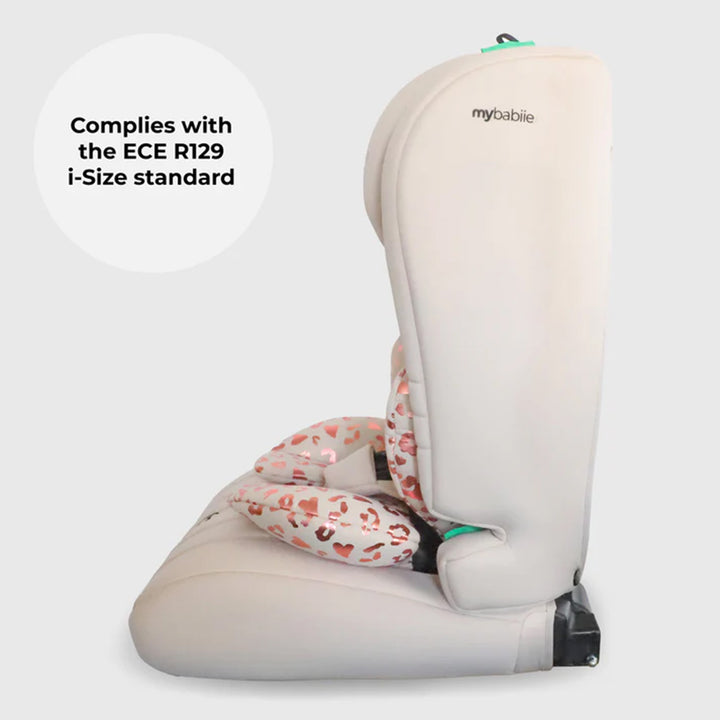Children's car seat with floral patterned cover on a white background, featuring 'my babie' branding.