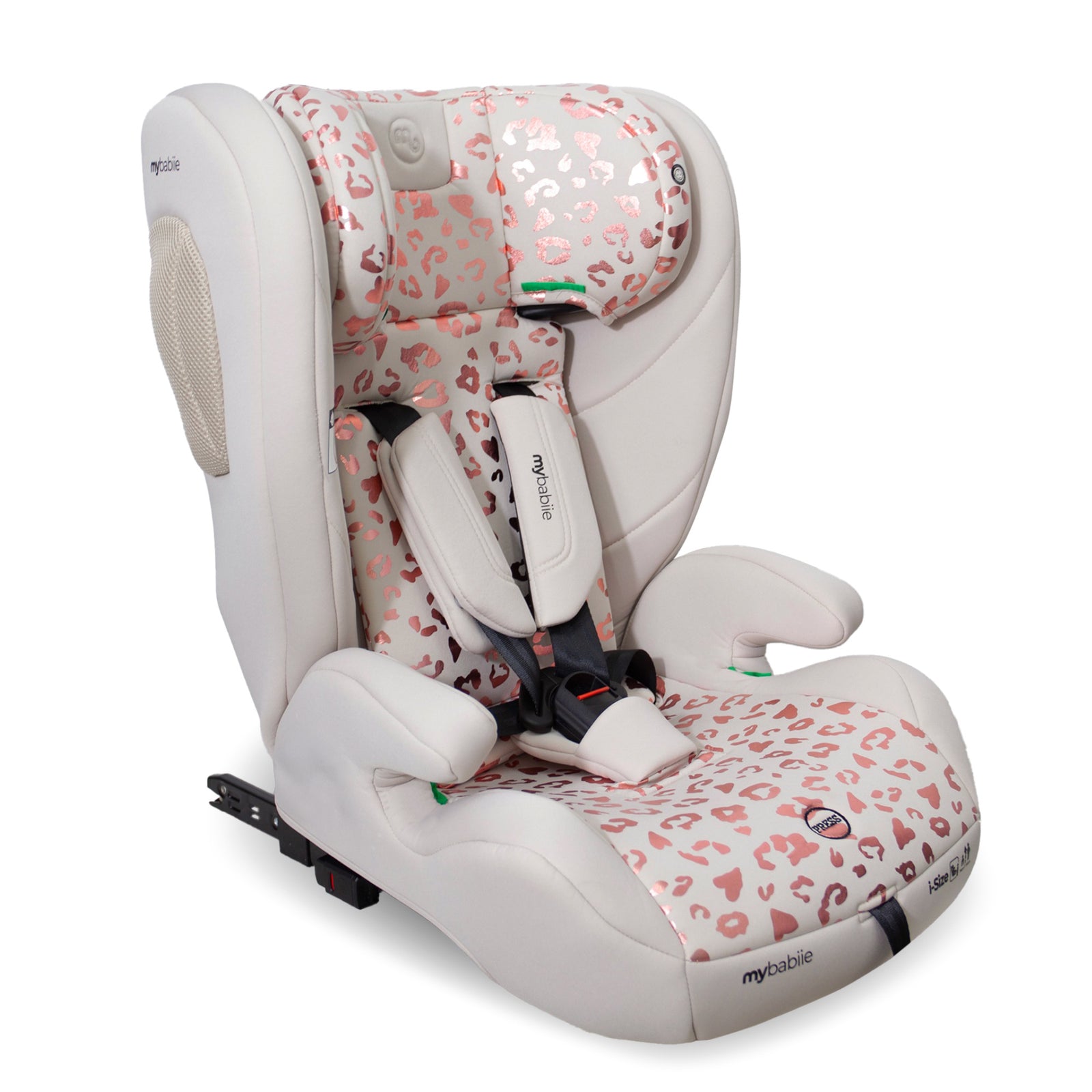 Baby car seat with pink and white pattern on a white background