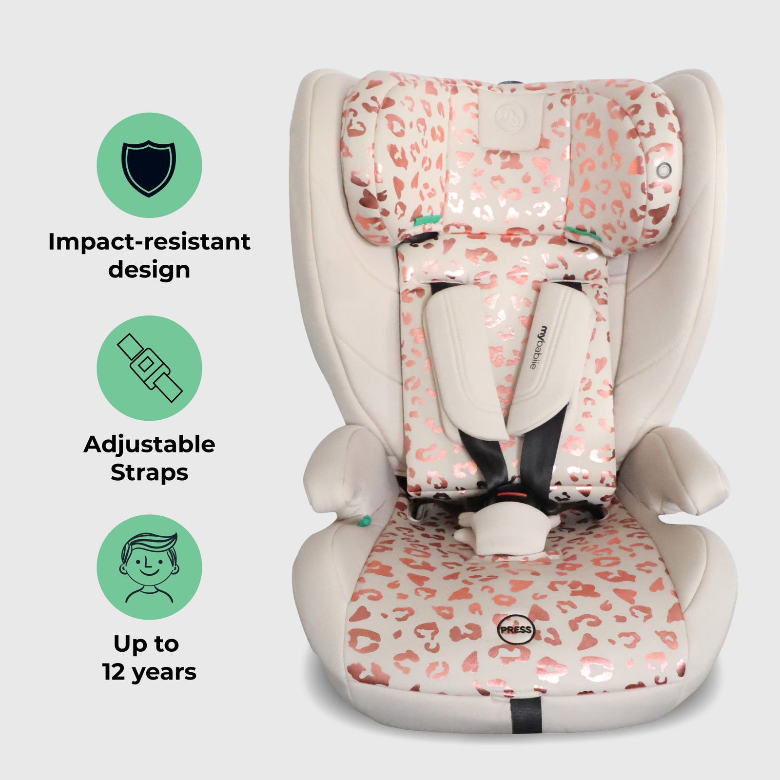 Children's car seat with pink leopard print design on a light gray background