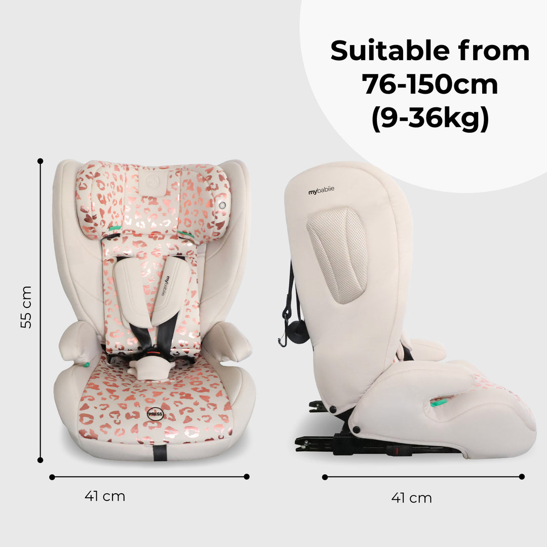 Children's car seat with floral pattern and dimensions on a white background