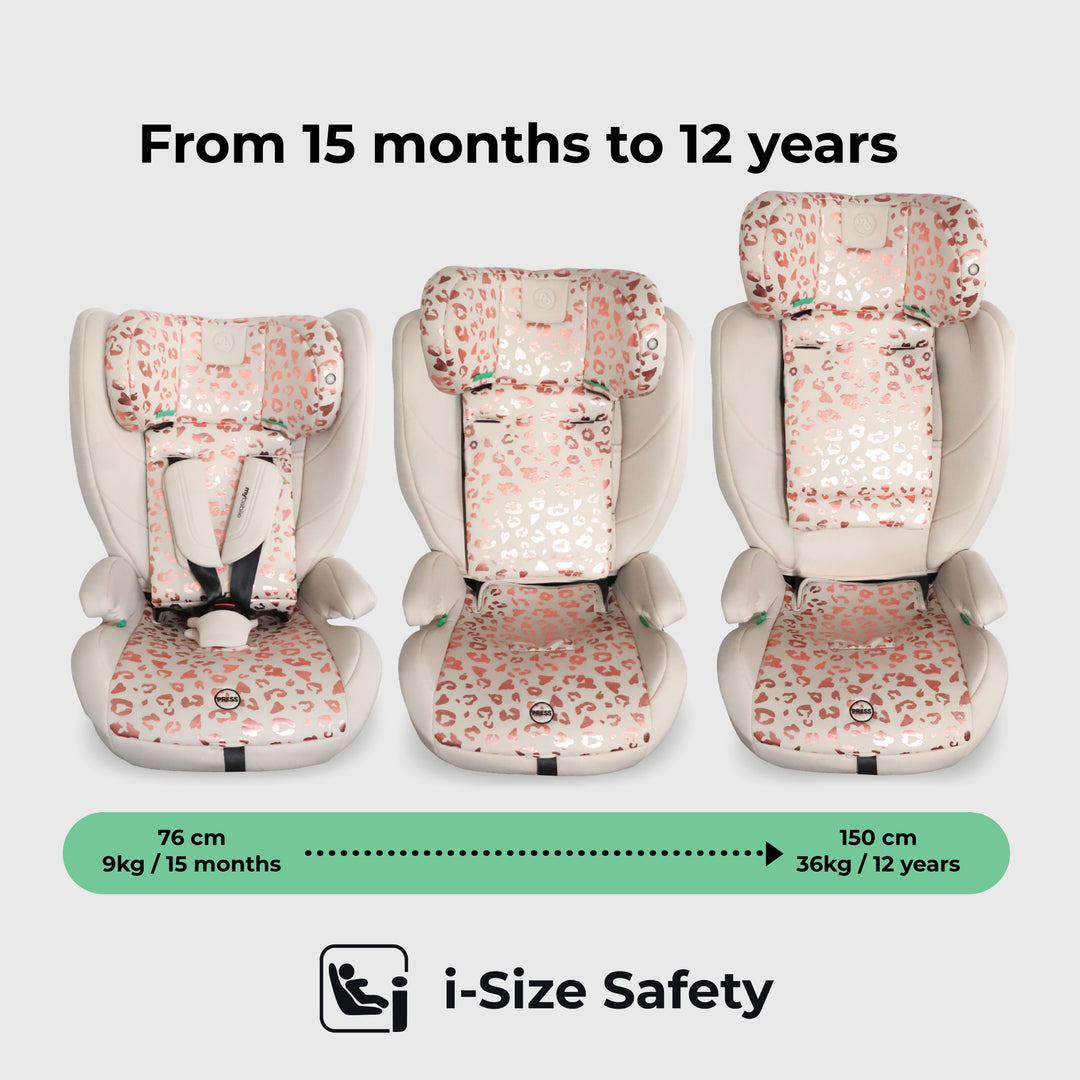 Three stages of a floral-patterned child car seat with growth chart and i-Size Safety logo.