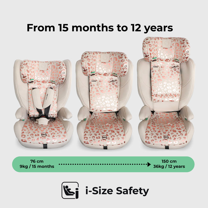 Three stages of a floral-patterned child car seat with growth chart and i-Size Safety logo.