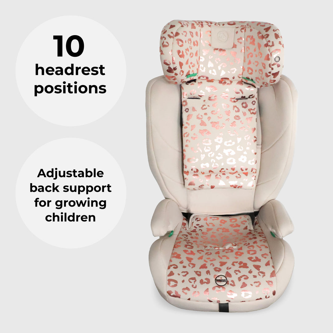 Children's car seat with leopard print pattern on a white background
