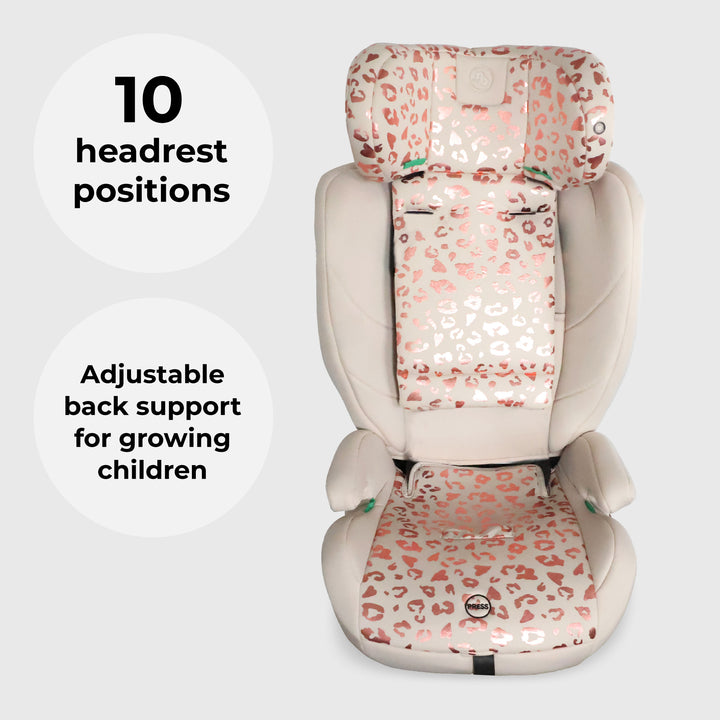 Children's car seat with leopard print pattern on a white background