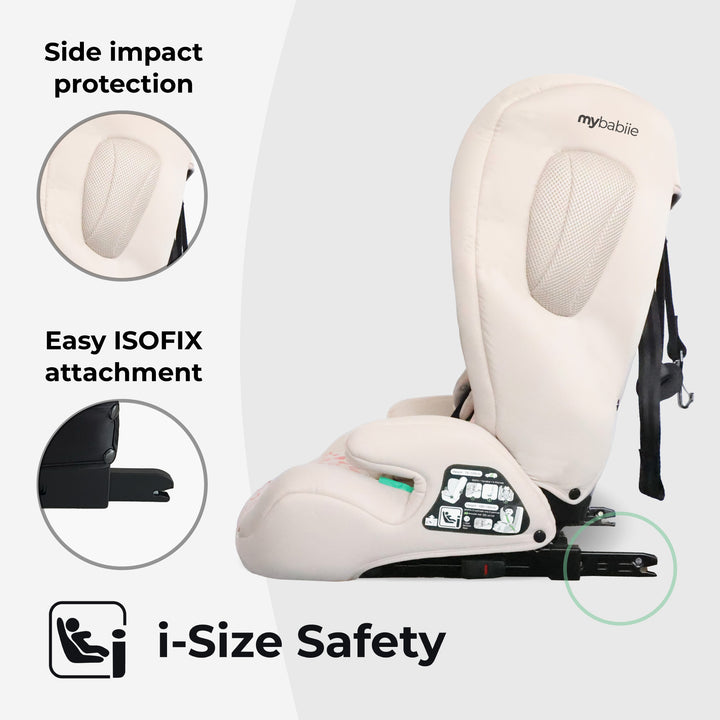 Child safety seat with features highlighted on a white background