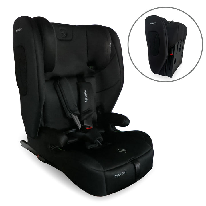 Black car seat with a close-up inset showing the harness system on a white background