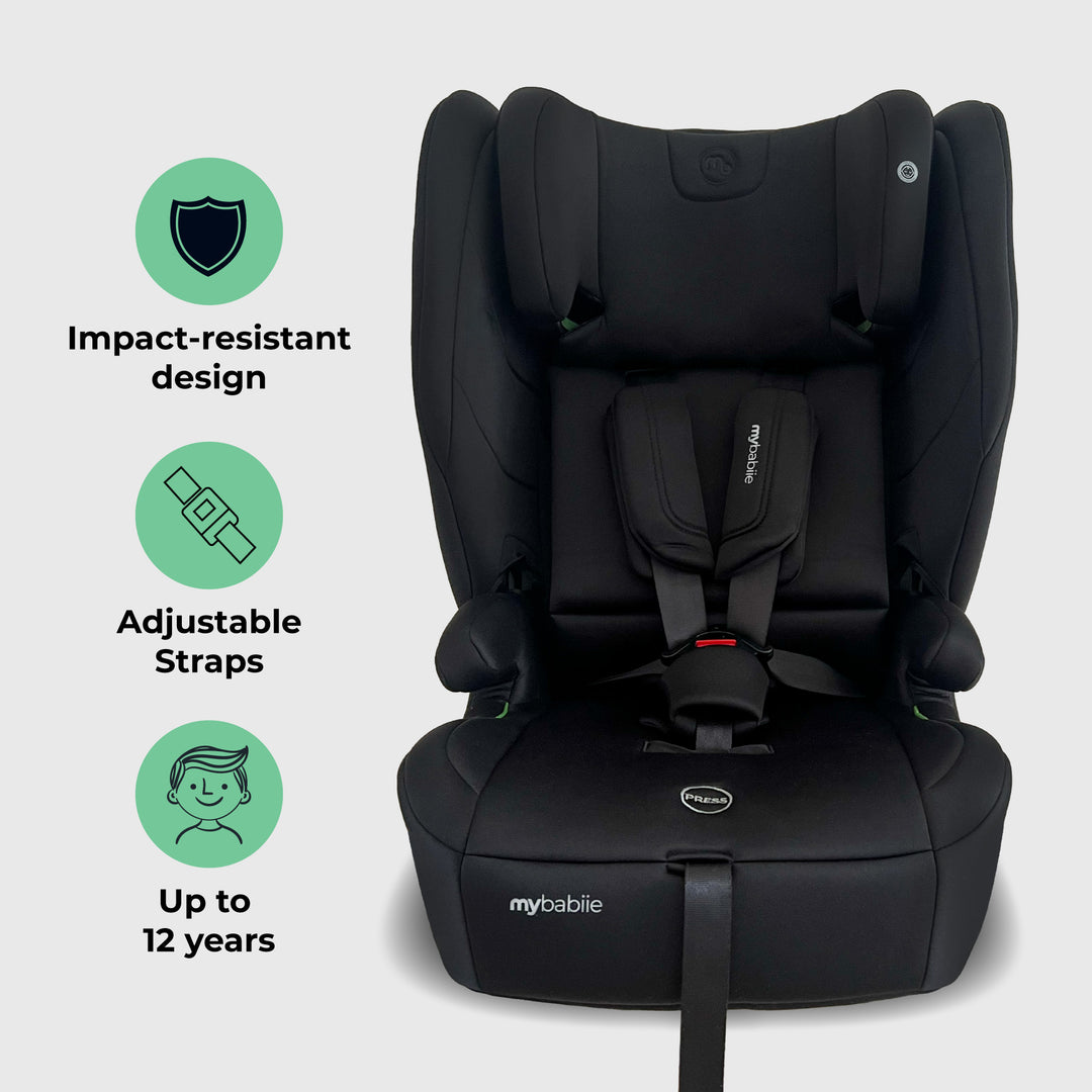 Black car seat with features highlighted on a light gray background