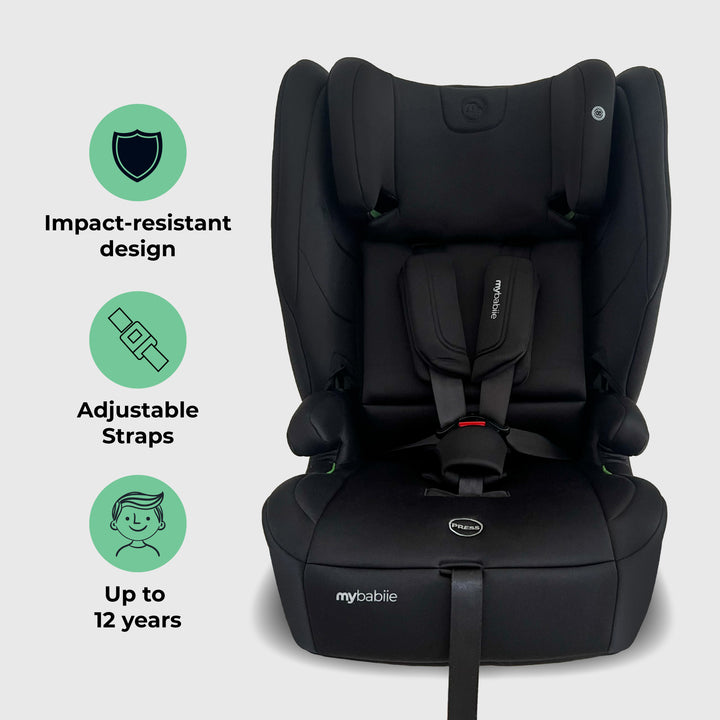 Black car seat with features highlighted on a light gray background