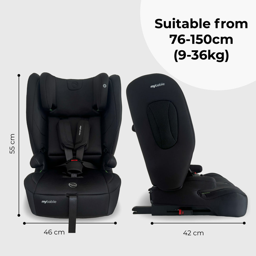 Black car seat with dimensions and suitability range on a white background