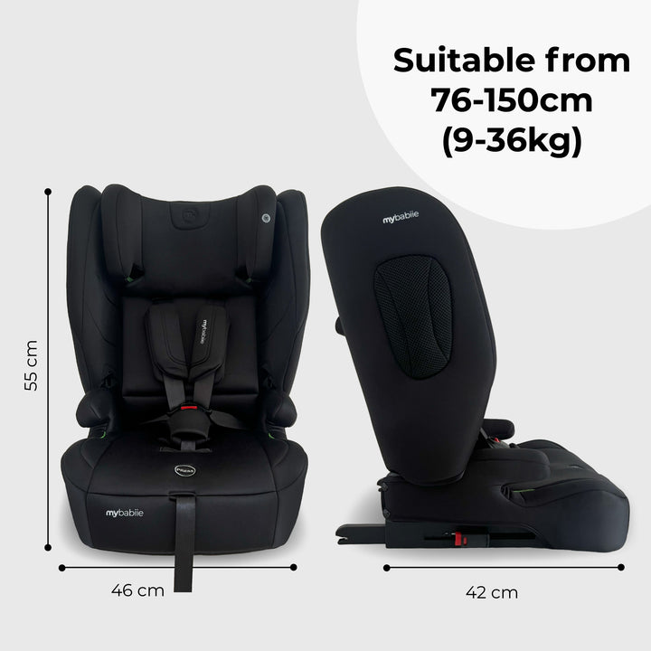 Black car seat with dimensions and suitability range on a white background