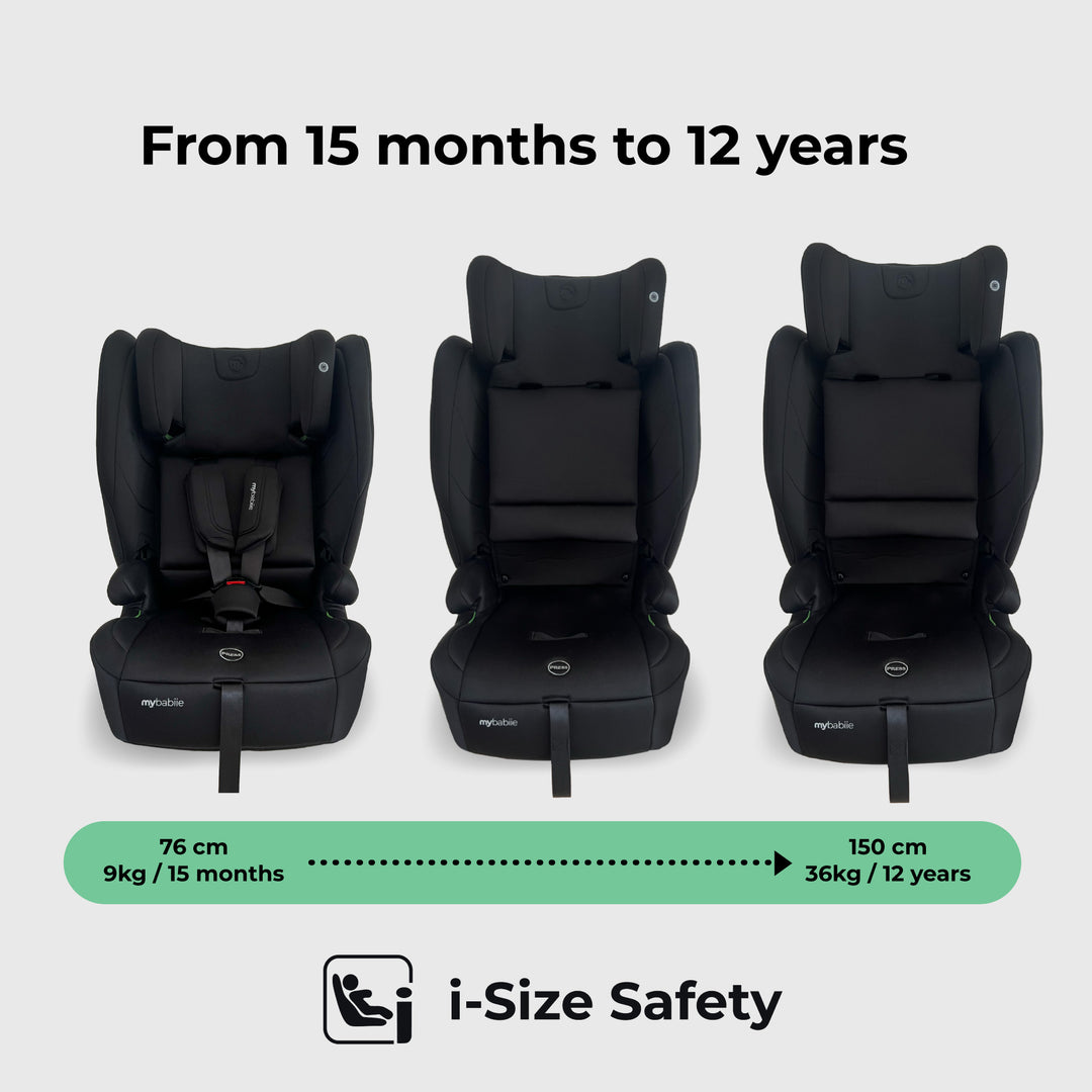 Three stages of a black car seat with growth chart and i-Size Safety logo on a light gray background