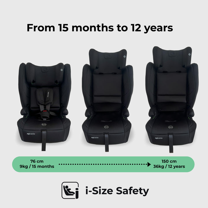 Three stages of a black car seat with growth chart and i-Size Safety logo on a light gray background