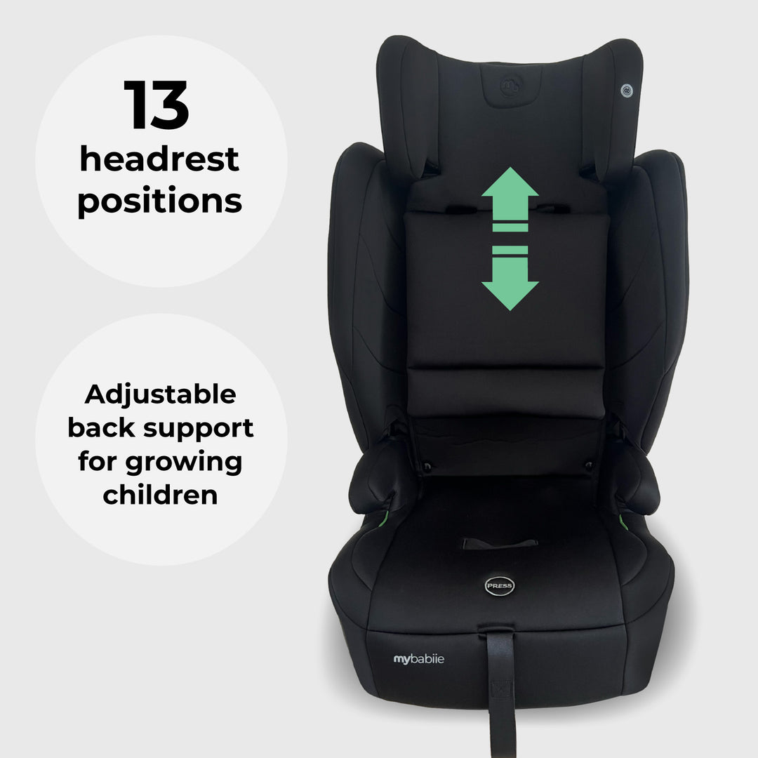 Black child car seat with adjustable headrest positions on a white background