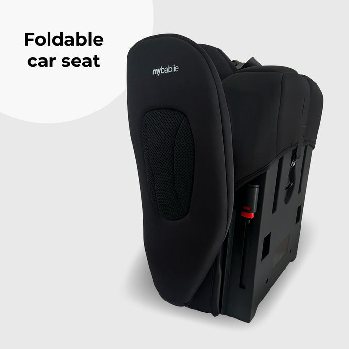 Foldable car seat with 'mycabble' branding on a white background