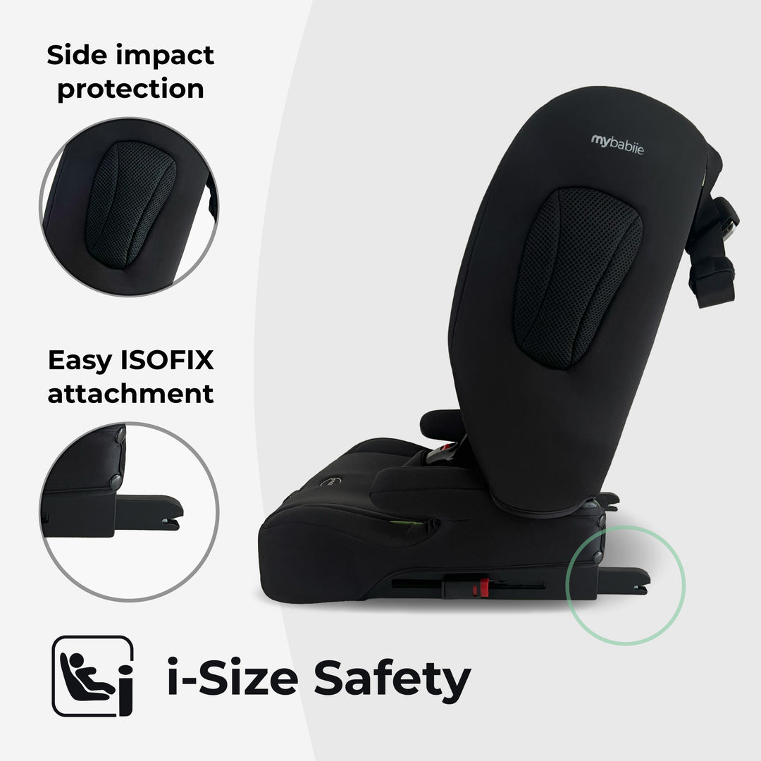 Black child safety seat with i-Size safety certification on a white background
