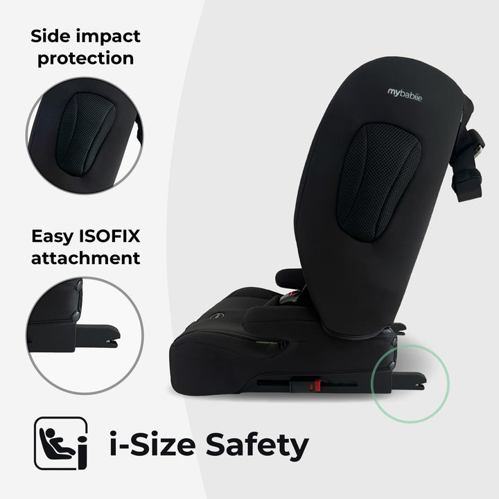 Black child safety seat with i-Size safety certification on a white background