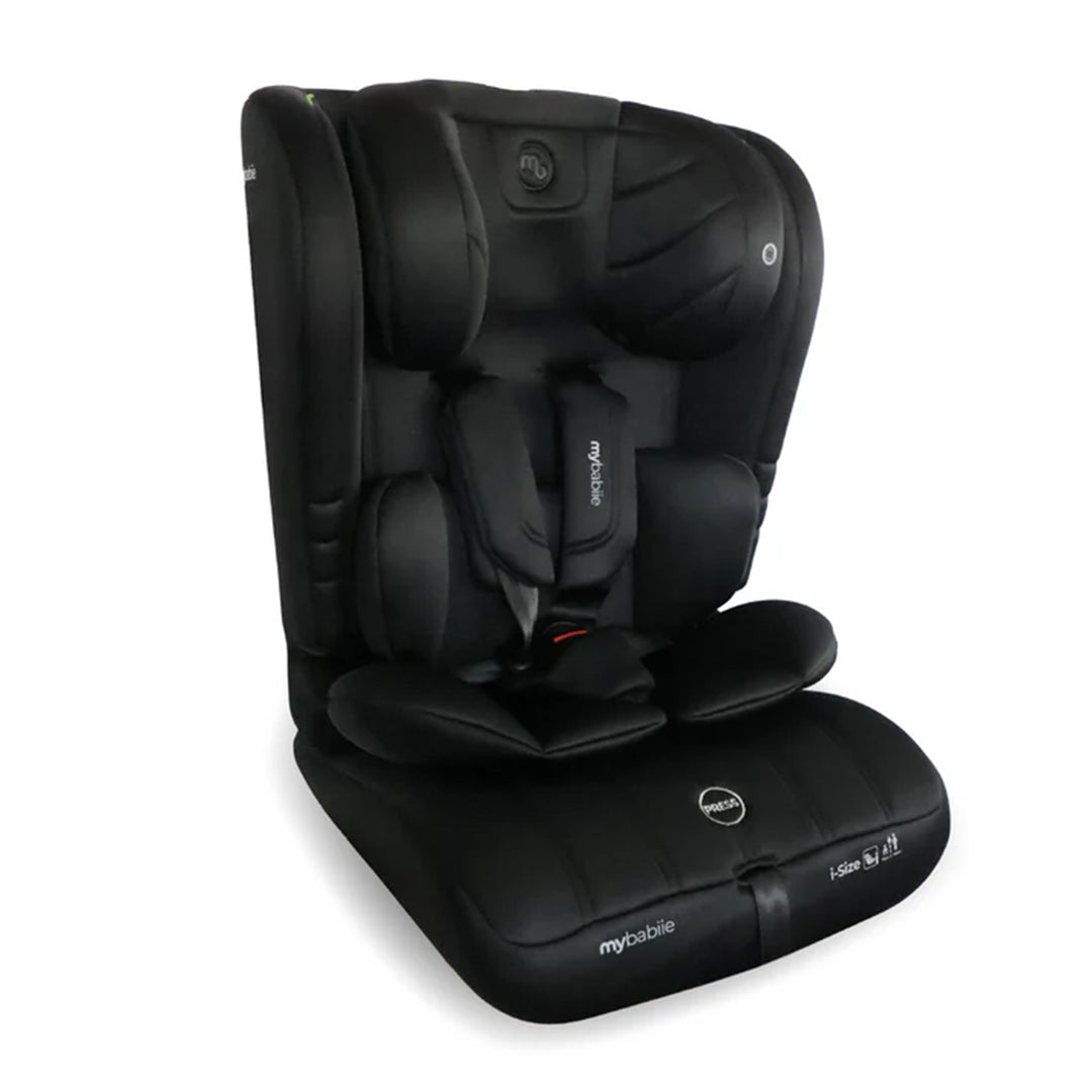 Black car seat with 'myBabie' branding on a white background