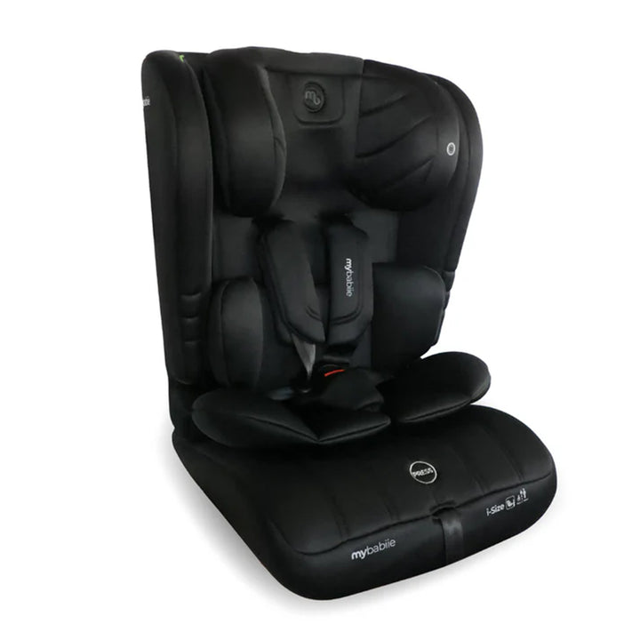 Black car seat with 'myBabie' branding on a white background