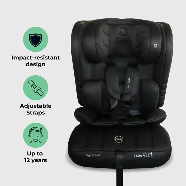 Black child car seat with green icons and text on a light gray background