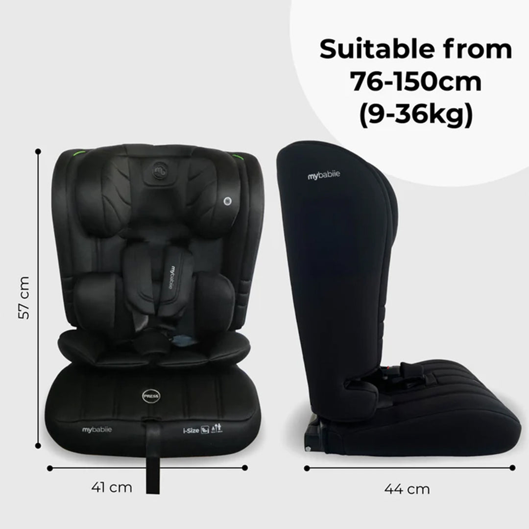 Black car seat with dimensions and suitability range information on a white background