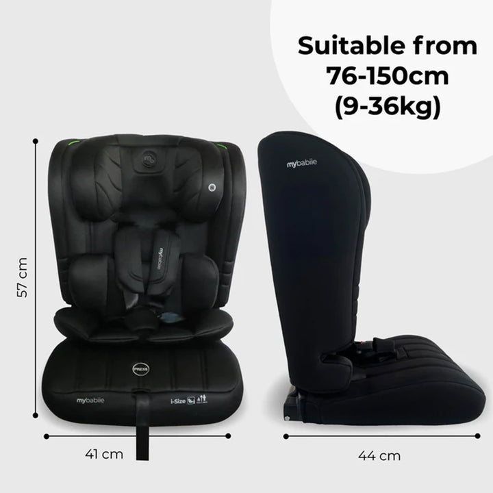 Black car seat with dimensions and suitability range information on a white background