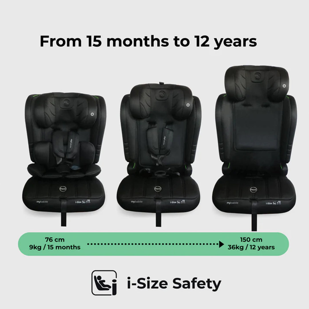 Three stages of a black i-Size safety car seat for children, showing growth from 15 months to 12 years.