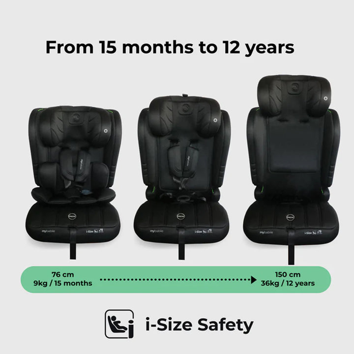 Three stages of a black i-Size safety car seat for children, showing growth from 15 months to 12 years.