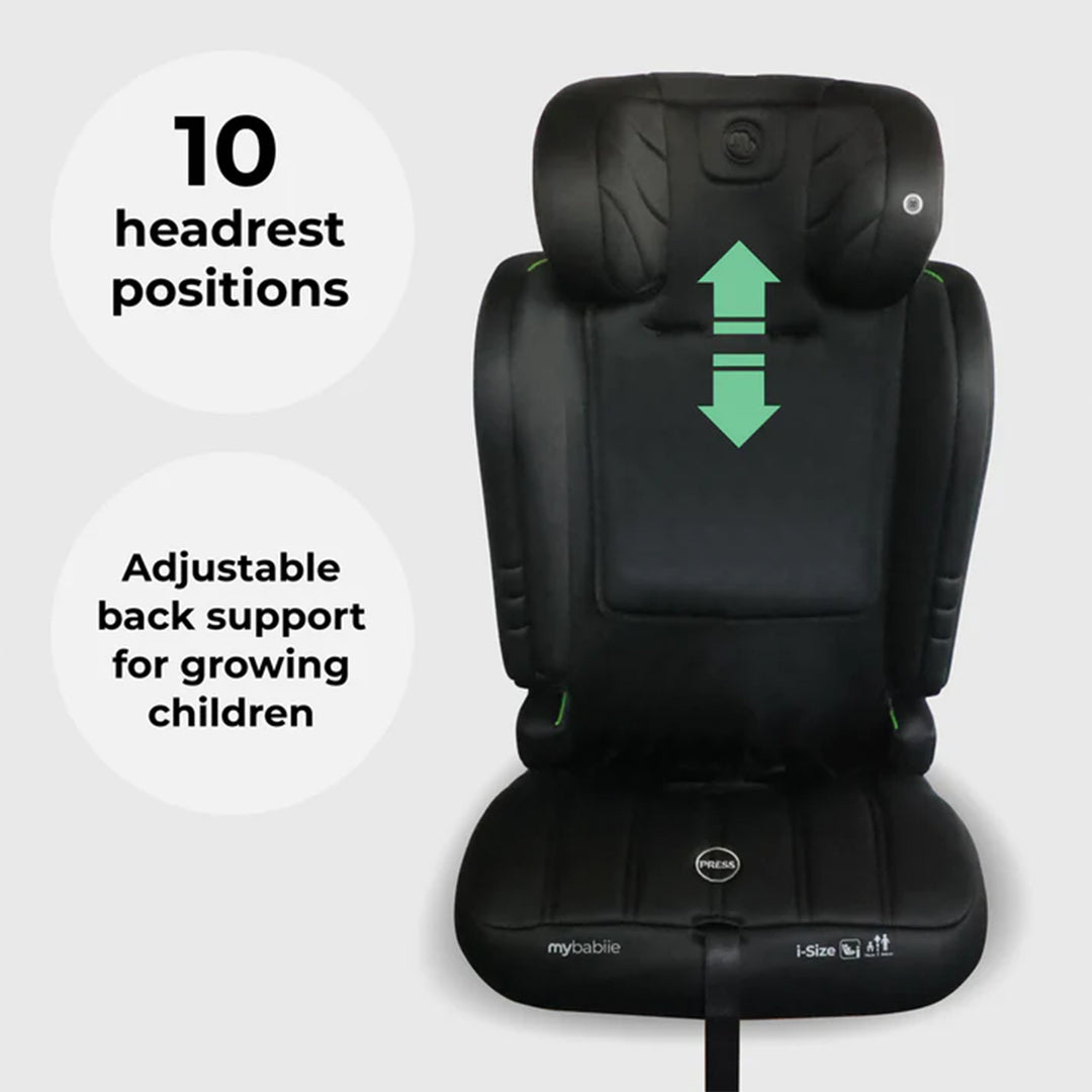 Black child car seat with adjustable headrest positions and back support on a white background