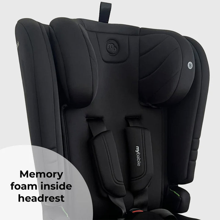 Black car seat with memory foam inside headrest on a light gray background