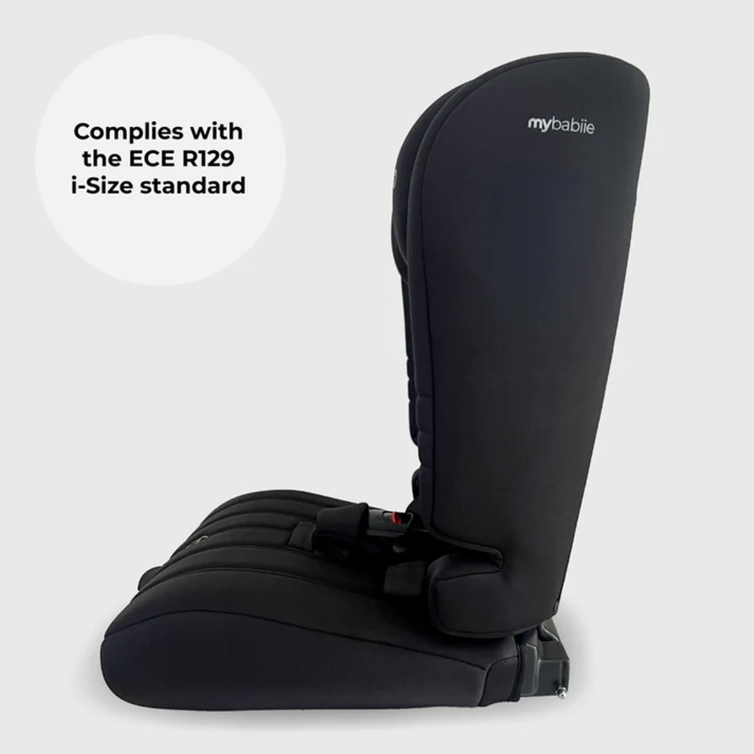 Black child car seat with 'my babie' branding on a white background
