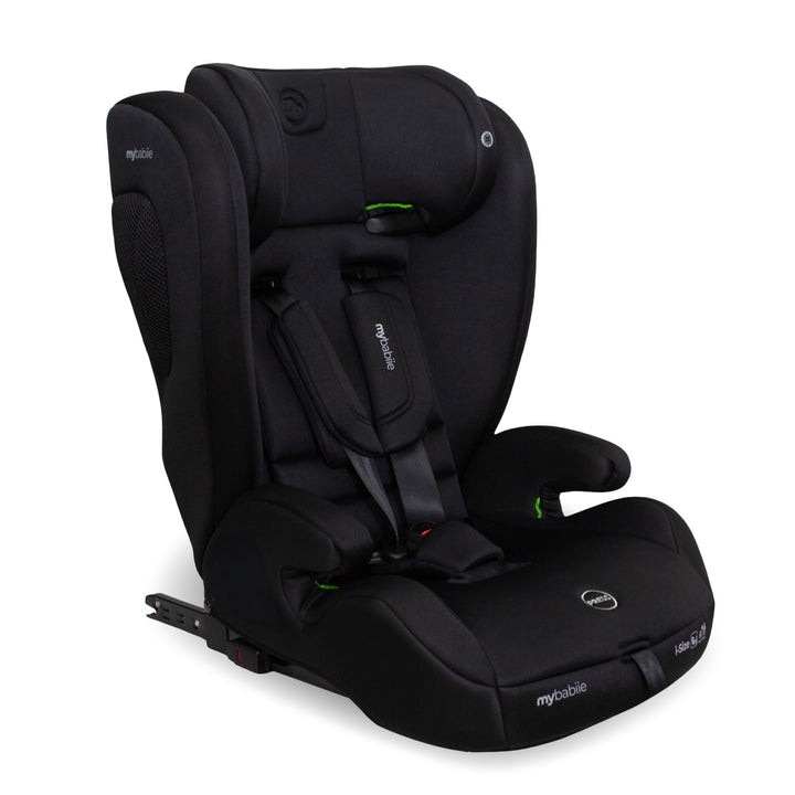 Black car seat with visible branding on a white background