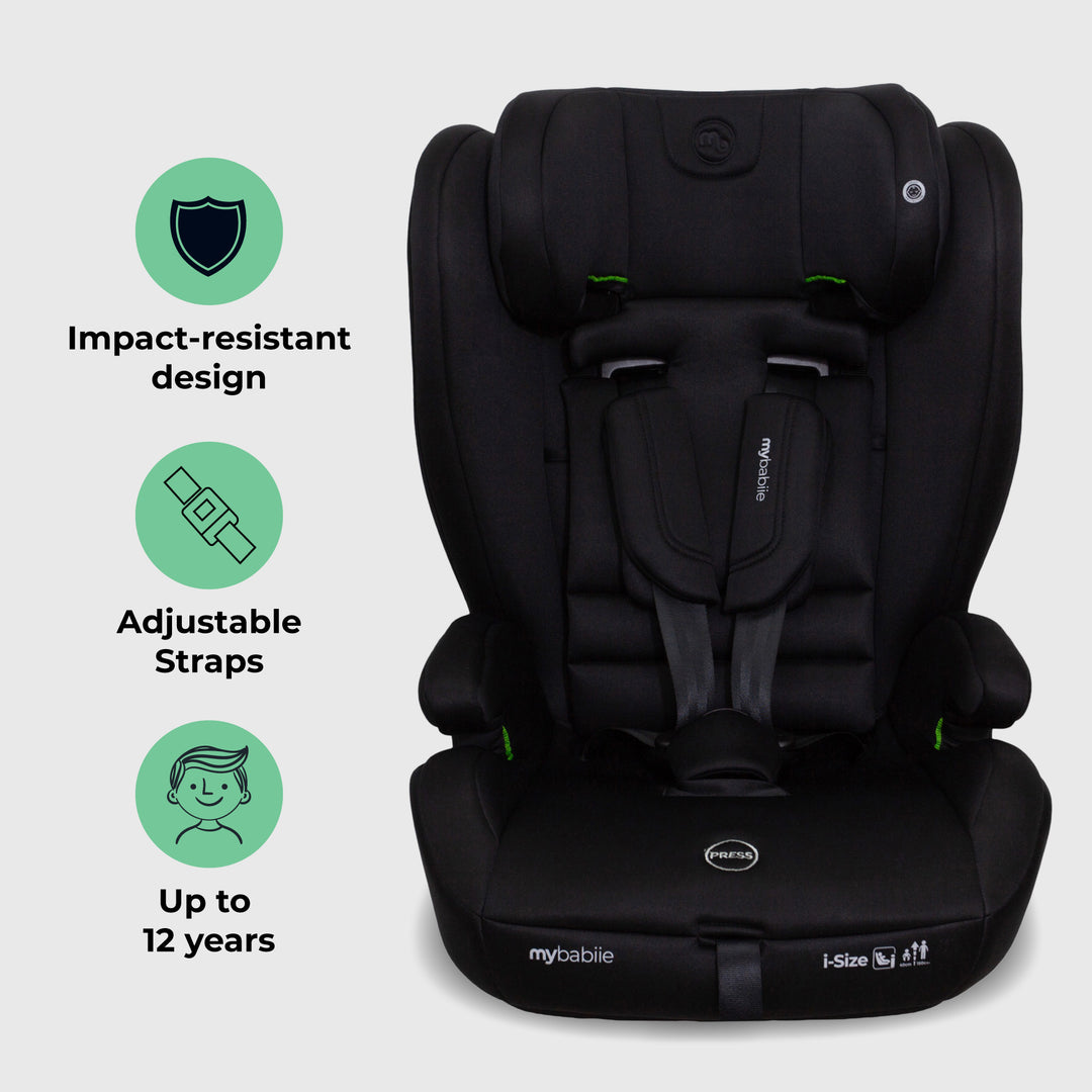 Black car seat with features highlighted on a light gray background