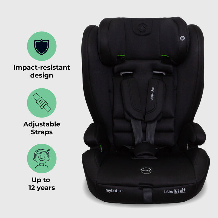 Black car seat with features highlighted on a light gray background