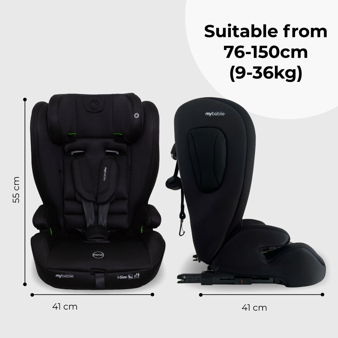 Black car seat with dimensions and suitability range on a white background