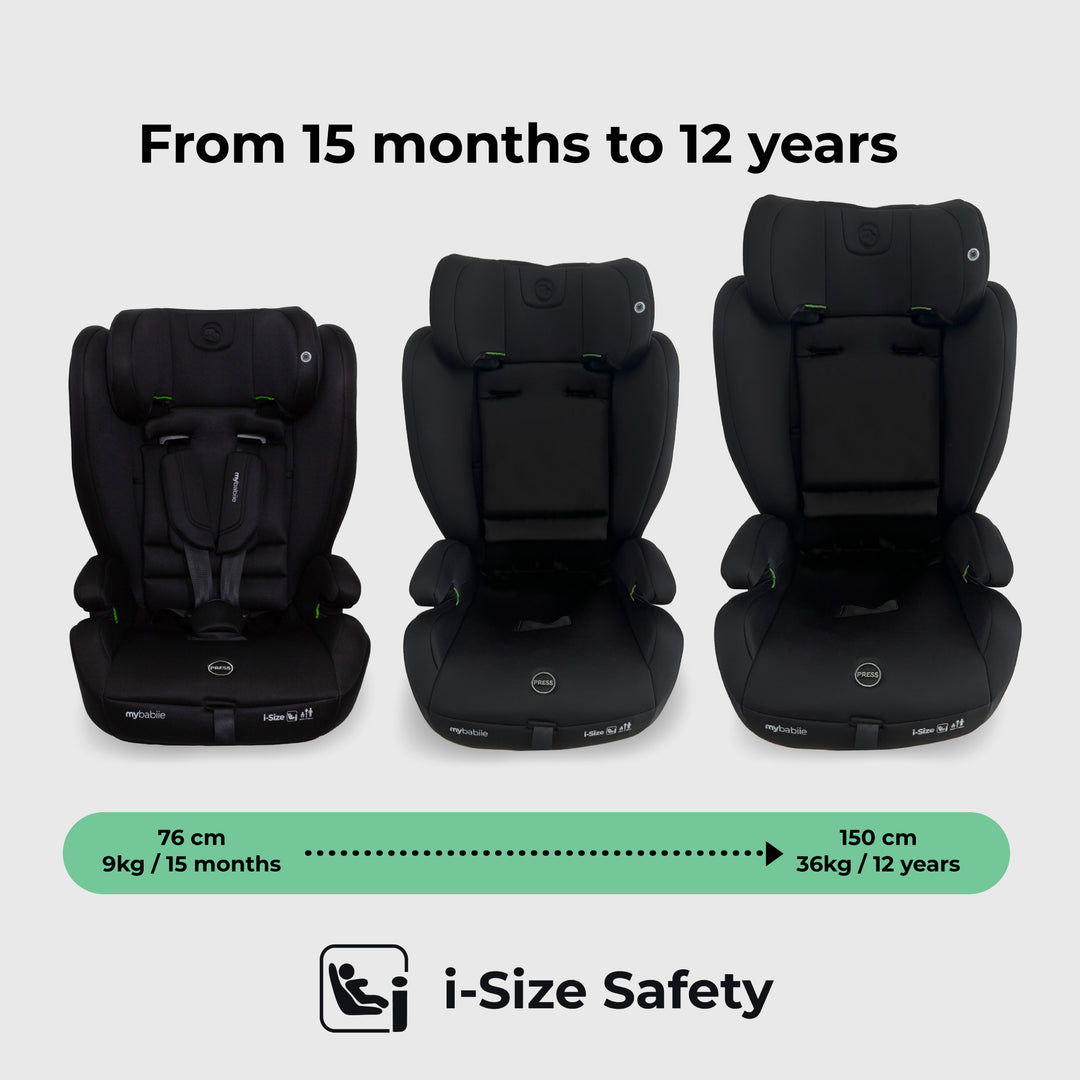 Three stages of a black car seat with growth chart and i-Size Safety logo on a light gray background