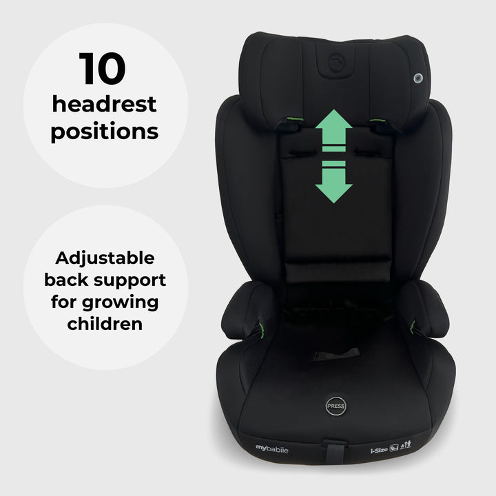 Black child car seat with adjustable back support and headrest positions on a white background