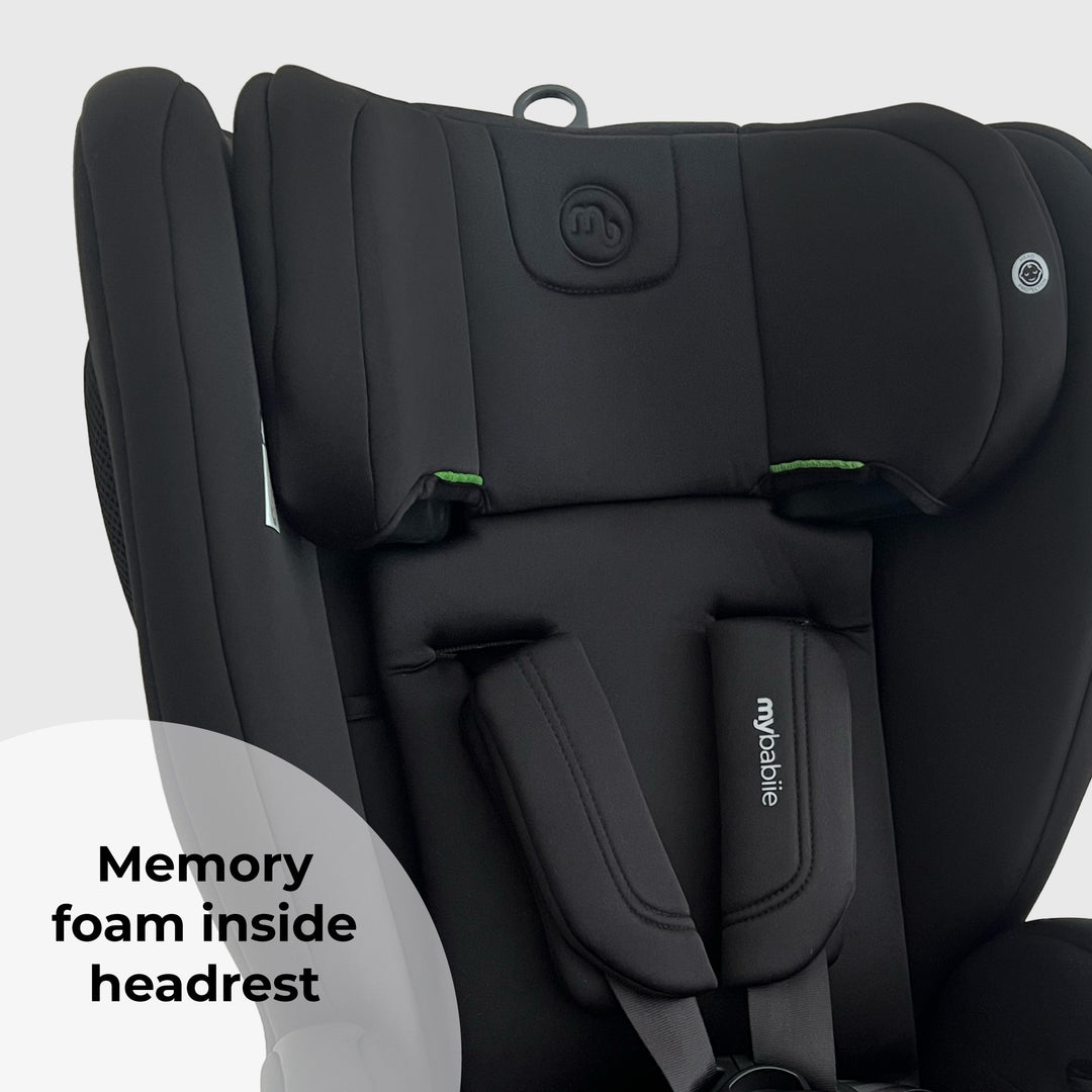 Black car seat with 'mySafe' branding on a gray background