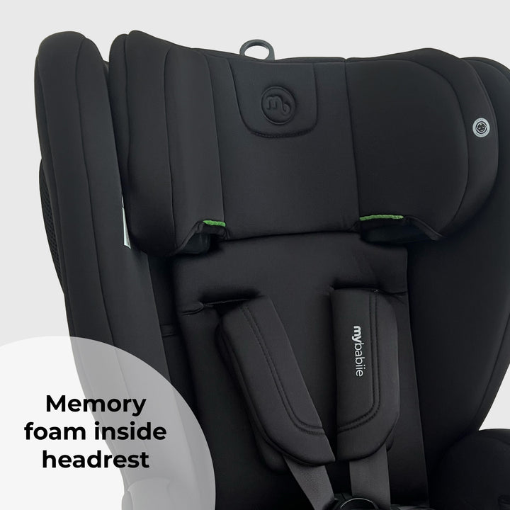Black car seat with 'mySafe' branding on a gray background