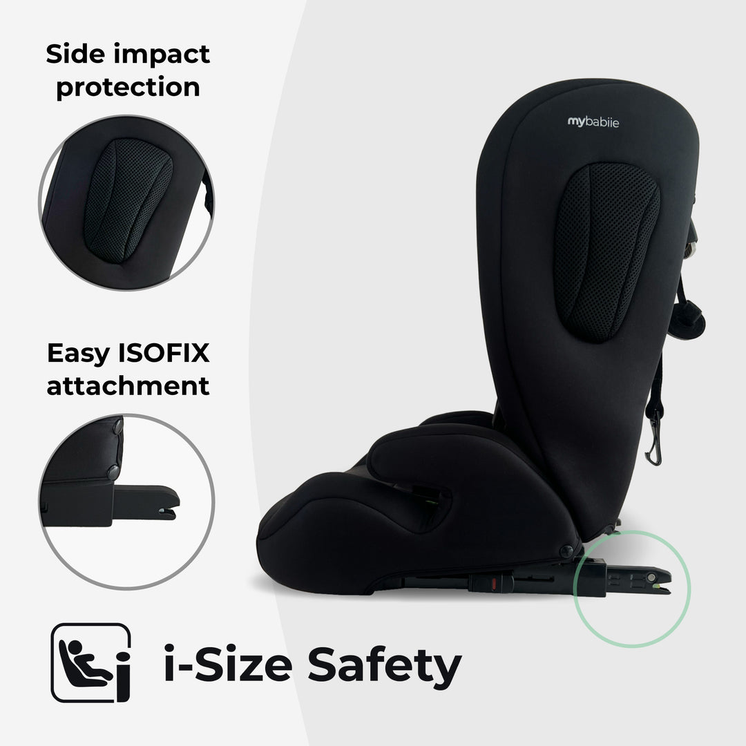 Black child safety seat with features highlighted on a white background
