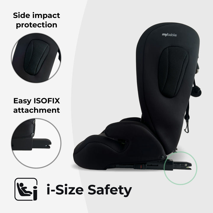 Black child safety seat with features highlighted on a white background
