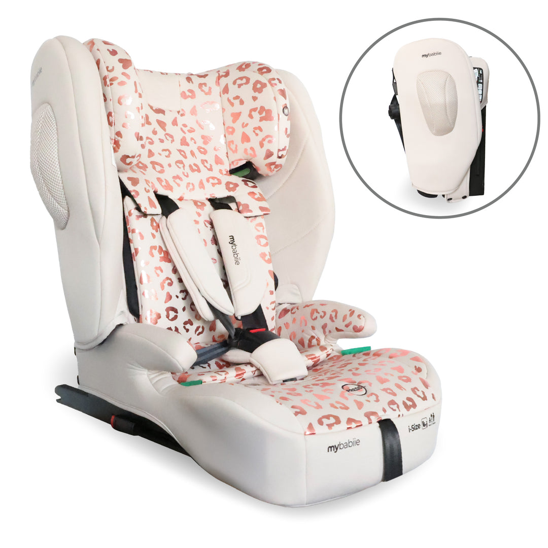 Baby car seat with pink leopard print design on a white background