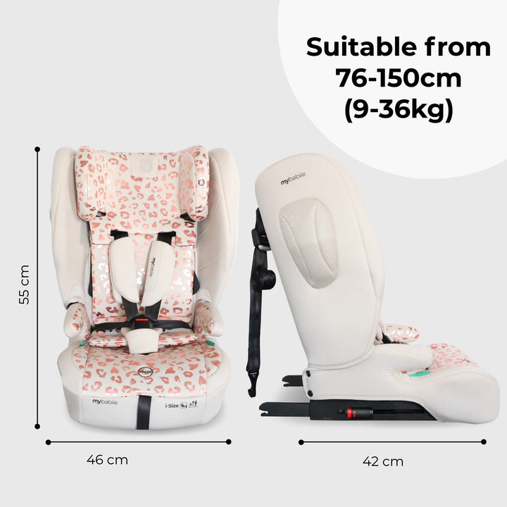 Children's car seat with floral pattern and measurements on a white background