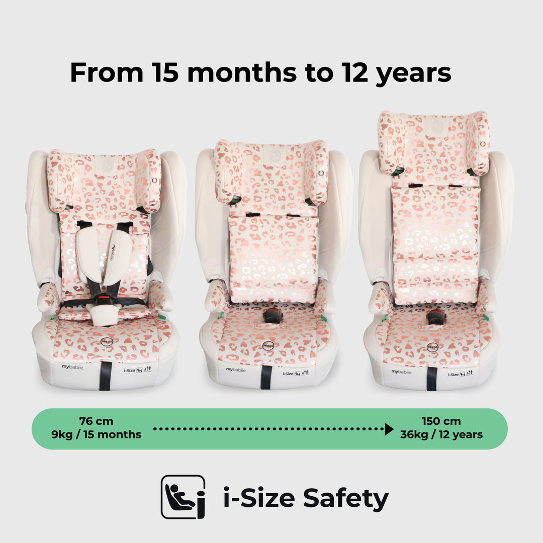 i-Size safety car seat with floral pattern and size chart from 15 months to 12 years on a white background.