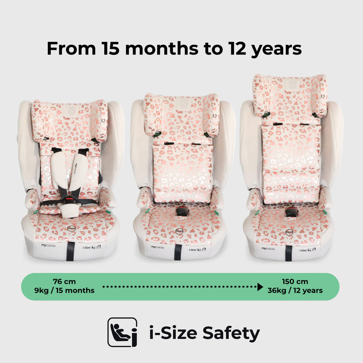 i-Size safety car seat with floral pattern and size chart from 15 months to 12 years on a white background.